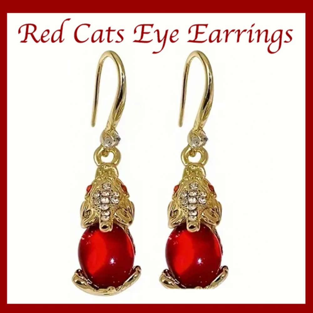 Stone Earrings Court Style Red Cat Eye  Ancient Chinese Style Retro Luck - NWT